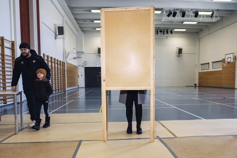 Chairperson of The Finns Party Riikka Purra voting during parliamentary elections