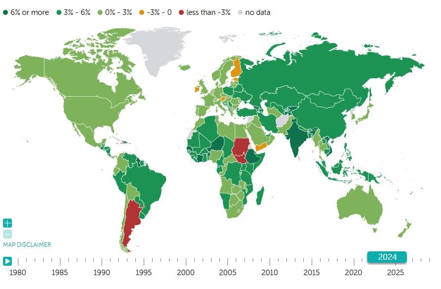 Suomi hohtaa Irlannin ohella Euroopan ainoana maana keltaisena IMF:n kartalla. IMF